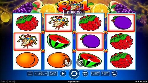 In Magic Fruits 81, the joker plays an important function. This symbol not only serves as a Wild, substituting for all other symbols in this online slot, but it also influences the amount of active paylines! The number of paylines increases to 81 once it lands.